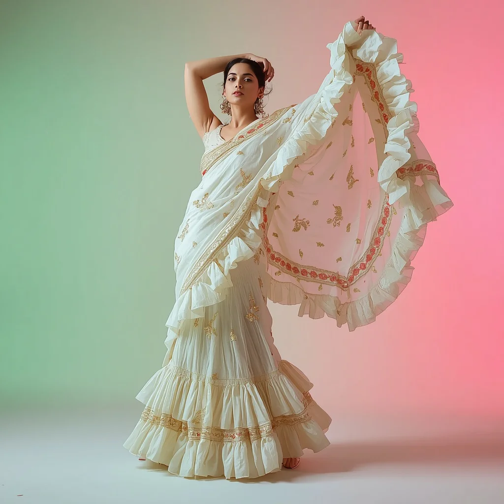 Advance Designer Ivory Pastel Heavy Laser-Cut Mirror Saree | instagram prompt for traditional look for girl in english - Classic Purple Saree AI Prompts for Elegant Girl's Portrait Photography AI Prompt