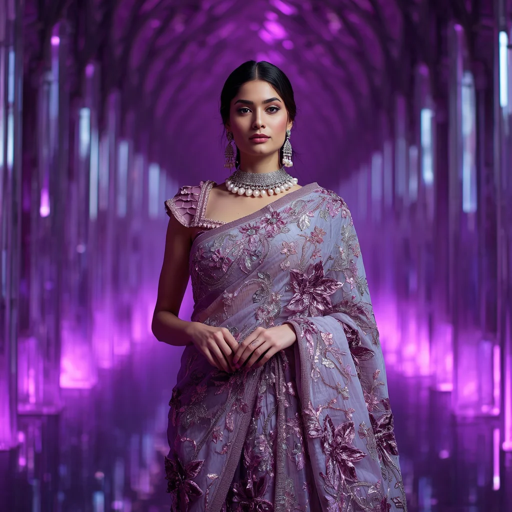 Amethyst Prism Crystal Saree with Violet Cathedral Hall | traditional saree prompt in english pdf - Traditional South Indian Saree AI Prompts for Young Girls' Cultural Attire AI Prompt
