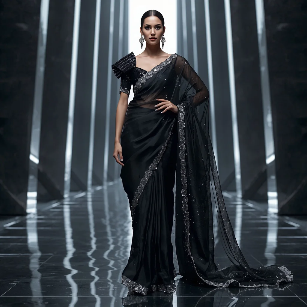 Black Diamond Armor Saree with Monolithic Light Temple | ai prompt examples - Serene Young Girl Saree AI Image Prompts for Peaceful Lakeside Scenes AI Prompt