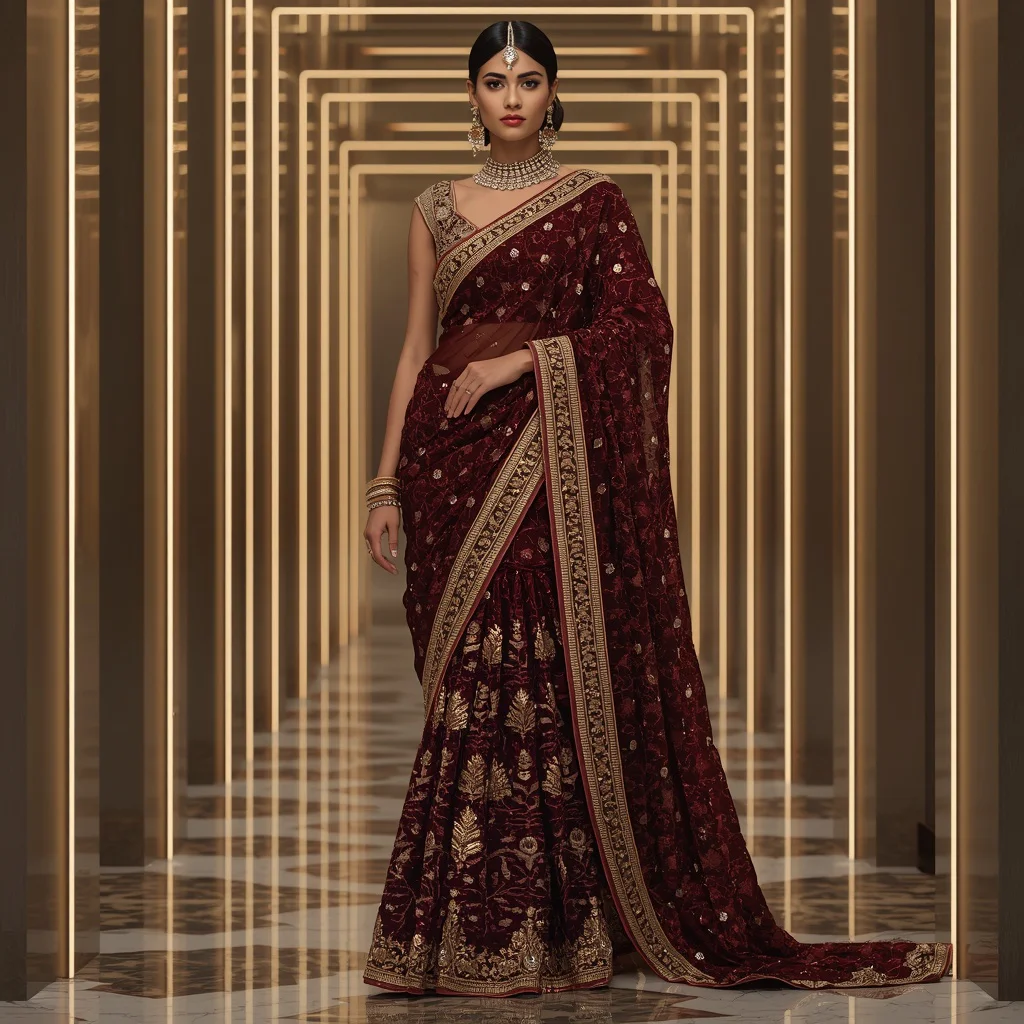 Burgundy Royal Mirror Saree with Regal Light Corridor | prompt for girls college aesthetic - Serene Young Girl Saree AI Image Prompts for Peaceful Lakeside Scenes AI Prompt