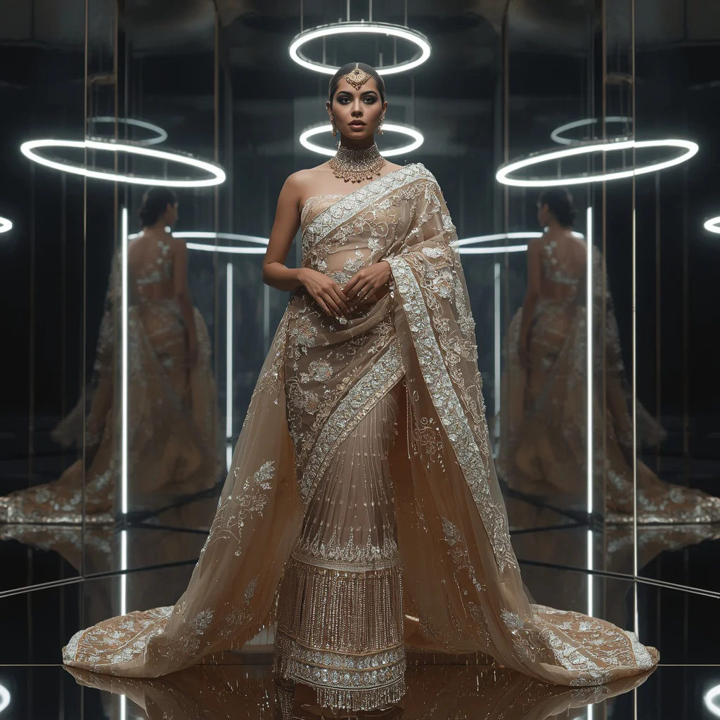 Champagne Crystal Drape Saree with Floating Halo Rings | chatgpt photo editing prompts trending instagram download - Traditional South Indian Saree AI Prompts for Young Girls' Cultural Attire AI Prompt
