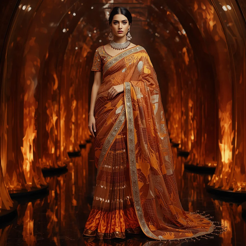 Copper Ember Flame Saree with Sculptural Fire Atrium | grok prompt - Traditional South Indian Saree AI Prompts for Young Girls' Cultural Attire AI Prompt