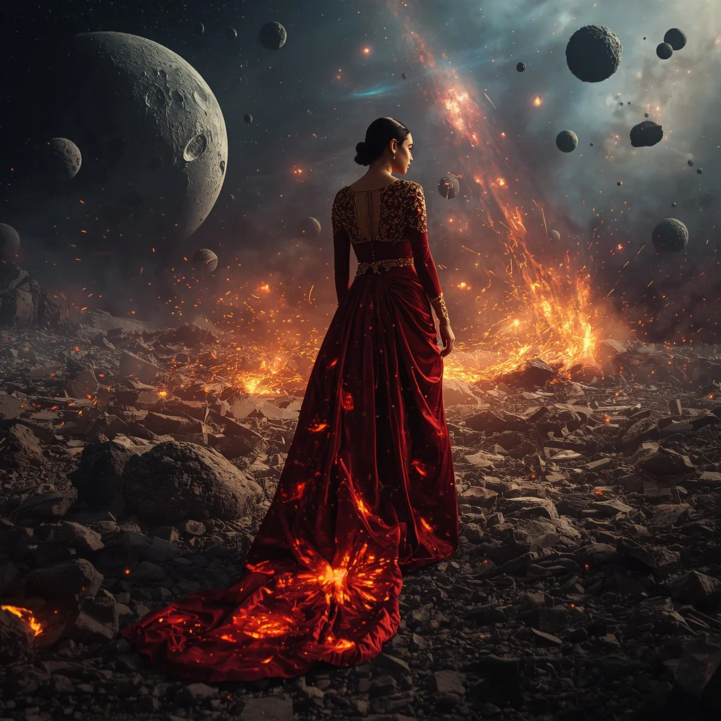 Crimson Meteor Apocalypse Cosmic Warrior Saree – Interstellar Destruction Couture | ChatGPT photo editing prompts for girl traditional - New 10 Contemporary Kanjeevaram Saree AI Prompts for Modern Bridal Wear AI Prompt