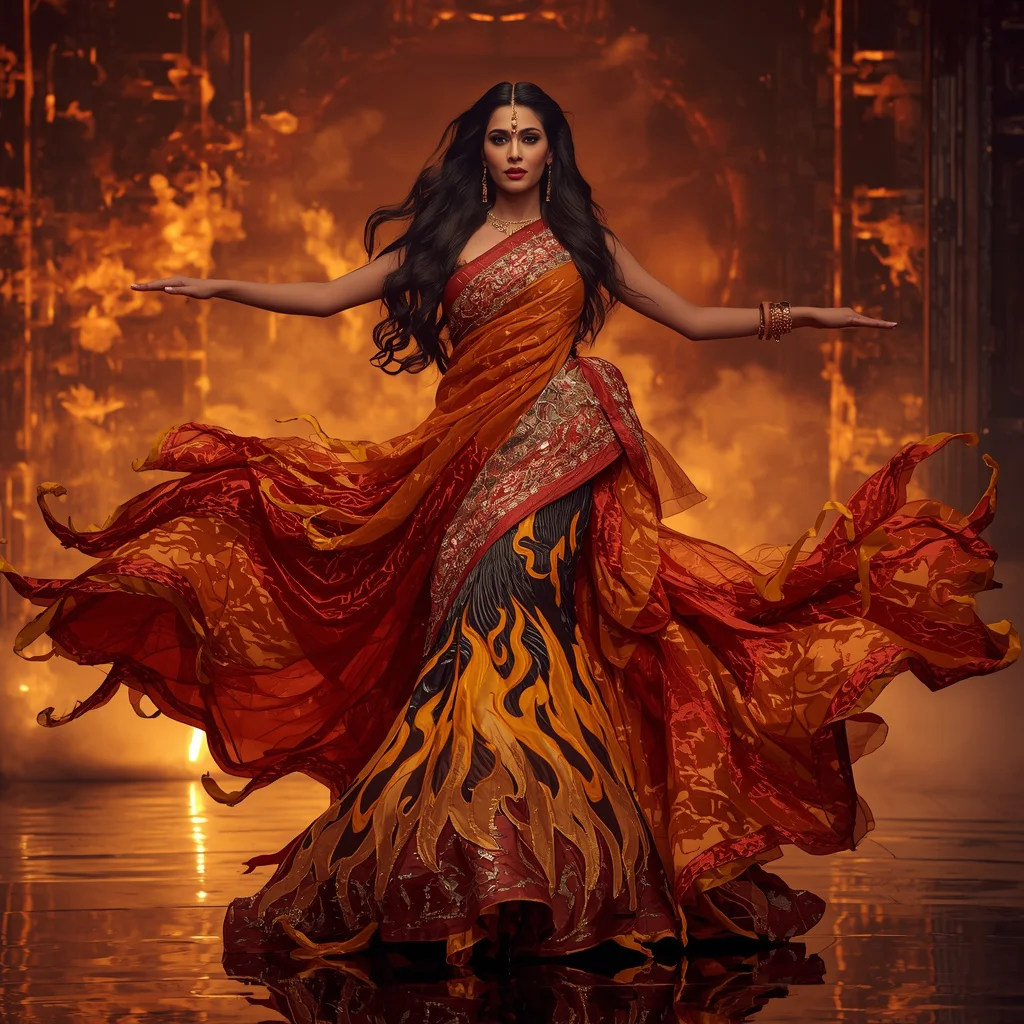 Crystal Dragon Flame Saree with Fire Fantasy Chamber | Retro style prompt for Gemini girl in saree Instagram - New 10 Sophisticated Organza Saree AI Prompts for Formal Event Styling AI Prompt