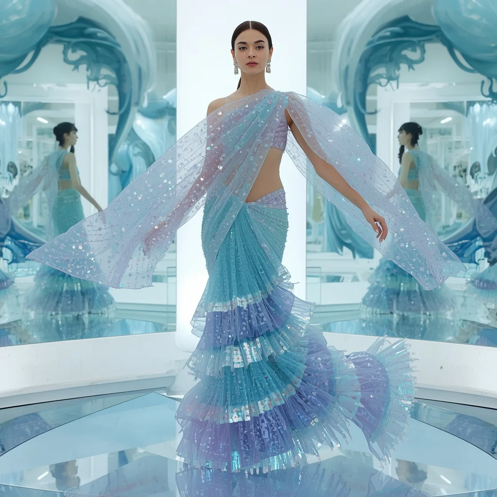 Crystal Ocean Mirage Saree with Floating Wave Mirrors | Prompt seen girl saree AI Photo Editing - New 10 Embellished Net Saree AI Prompts for Grand Reception Looks AI Prompt