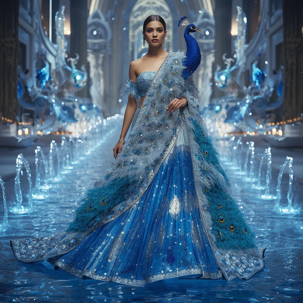 Crystal Peacock Fountain Saree with Royal Water Palace Empire | prompt for traditional look for girl south indian - Best 10 Elegant Silk Saree AI Prompts for Formal Office Wear Styling AI Prompt