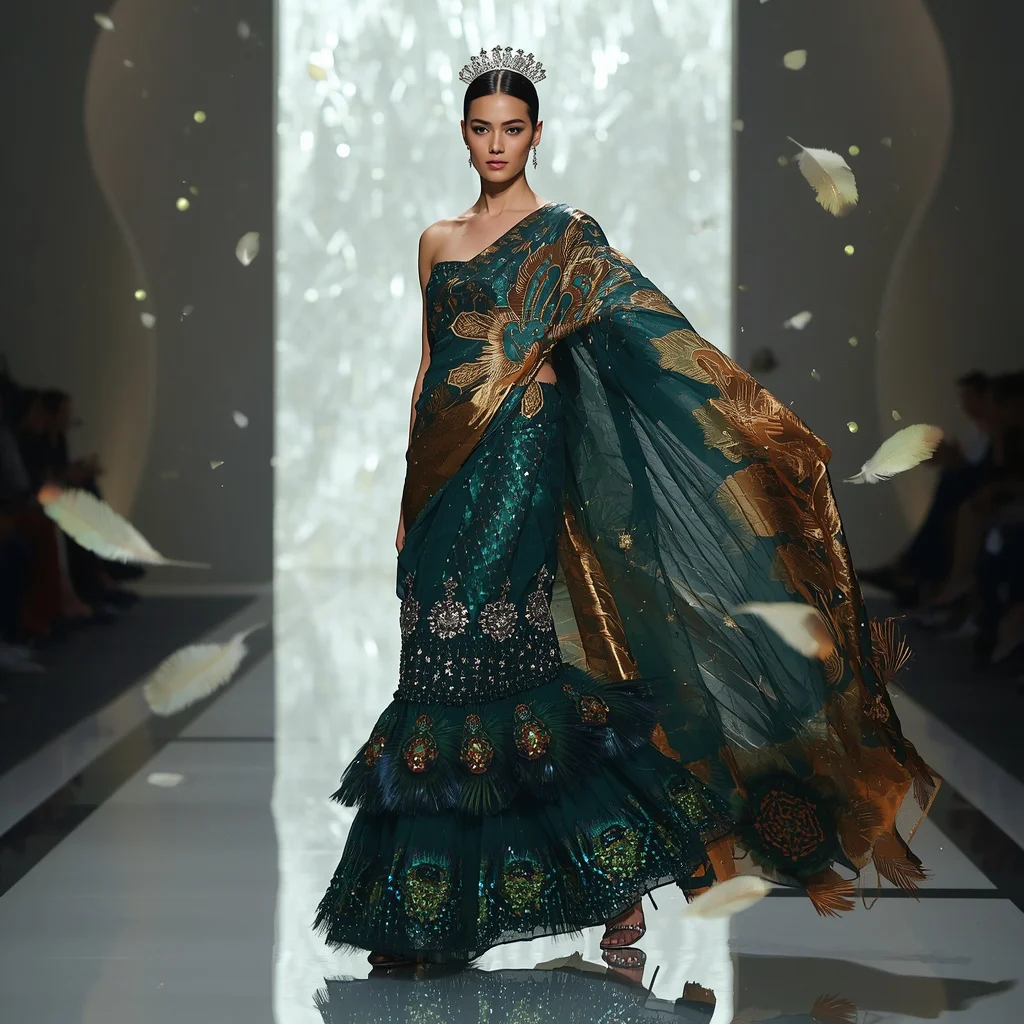 Crystal Peacock Orbit Saree with Floating Feather Jewels | prompt for saree in english - Best 10 Beachside Saree AI Prompts for Breezy Coastal Fashion Shots AI Prompt