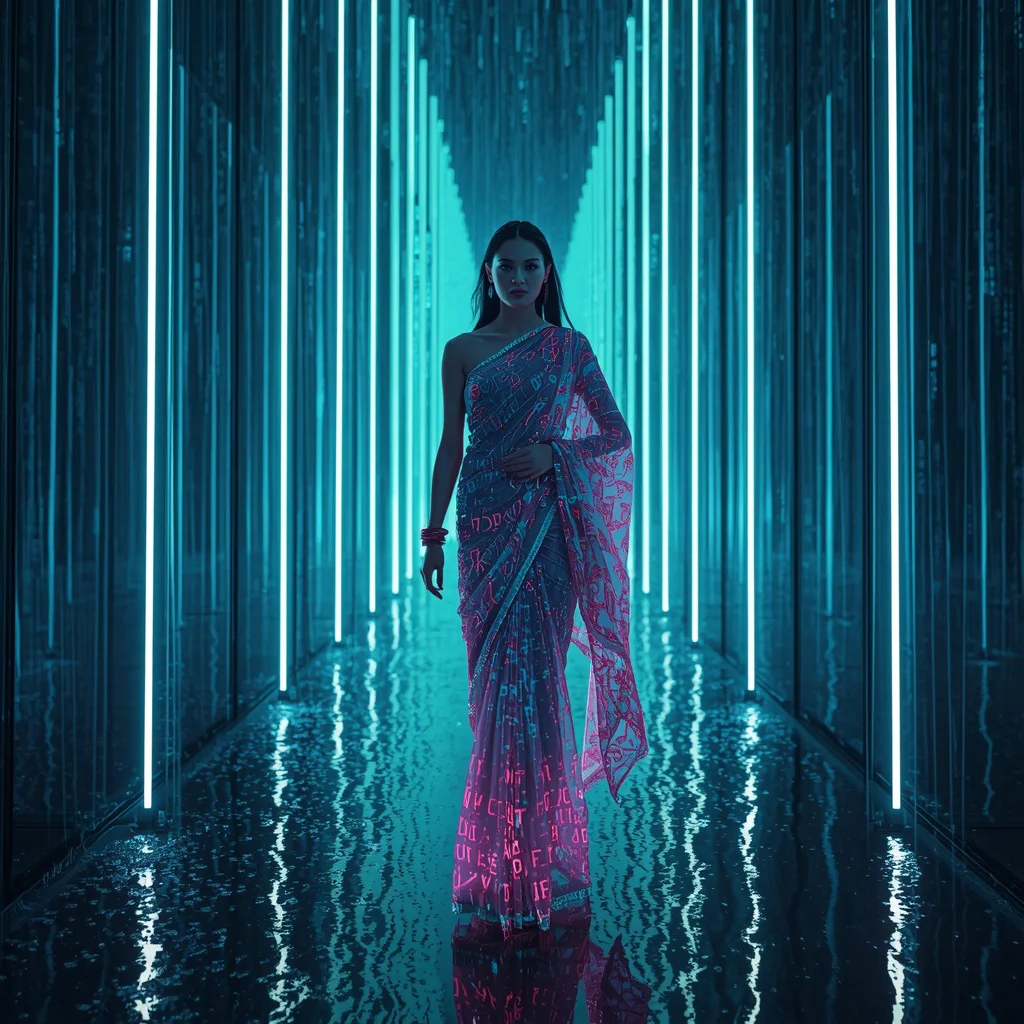 Cyber Storm Matrix Digital Rain Saree – AI Code Fashion Reality | wedding saree ai prompt - Top 10 Bohemian Saree AI Prompts for Eclectic Outdoor Photoshoots AI Prompt