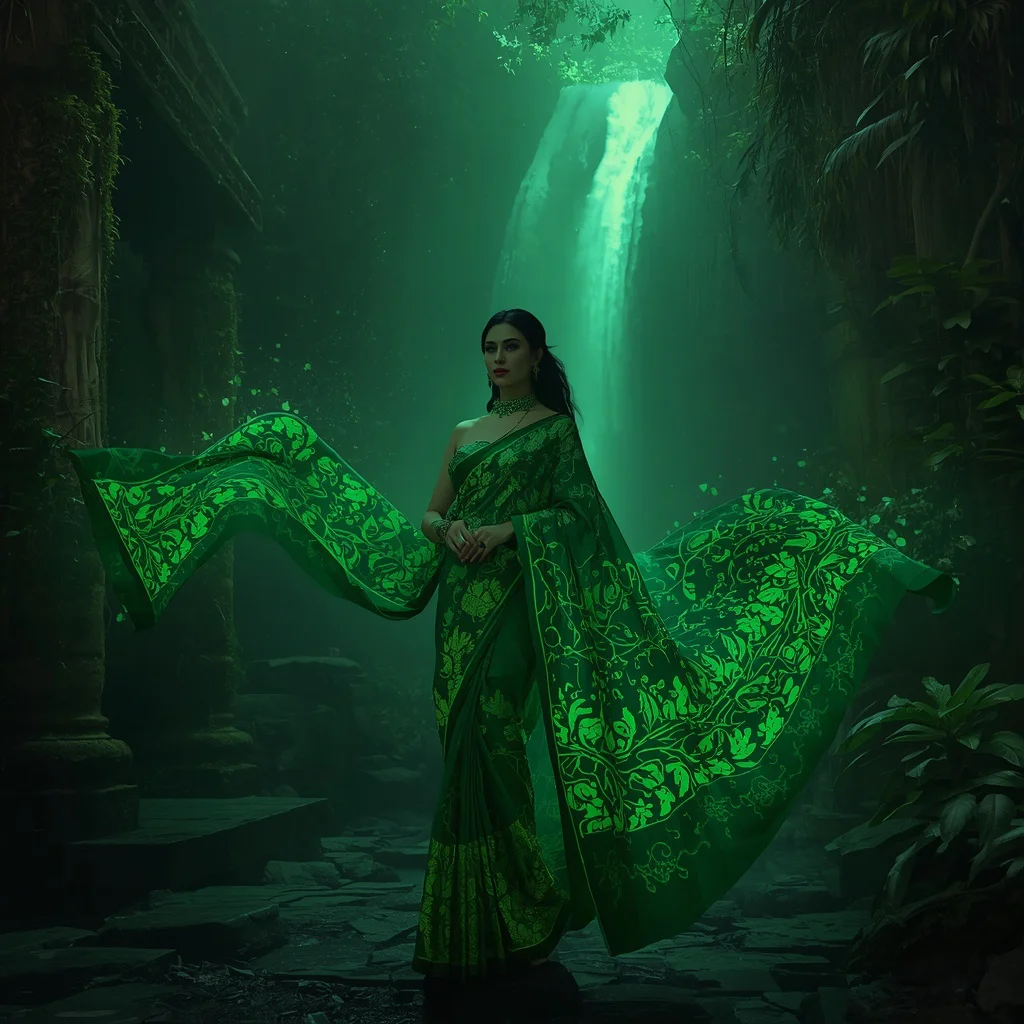 Emerald Bioluminescent Jungle Goddess Spirit Saree – Living Nature Divine Couture | chatgpt photo editing prompts text - New 10 Contemporary Kanjeevaram Saree AI Prompts for Modern Bridal Wear AI Prompt