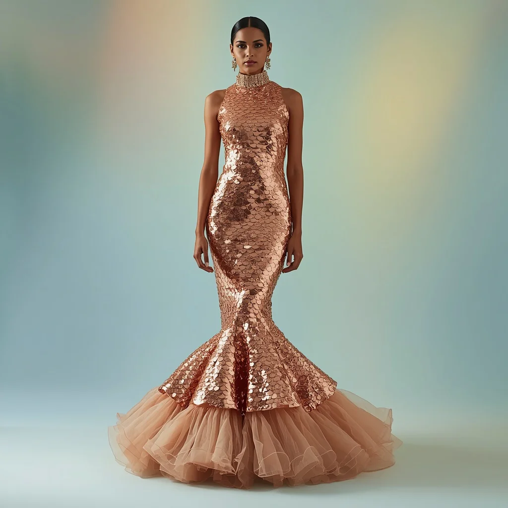 Extravagant Rose Gold Heavy Sequin Scale Mermaid Saree Concept | trending prompt copy paste instagram - Classic Purple Saree AI Prompts for Elegant Girl's Portrait Photography AI Prompt