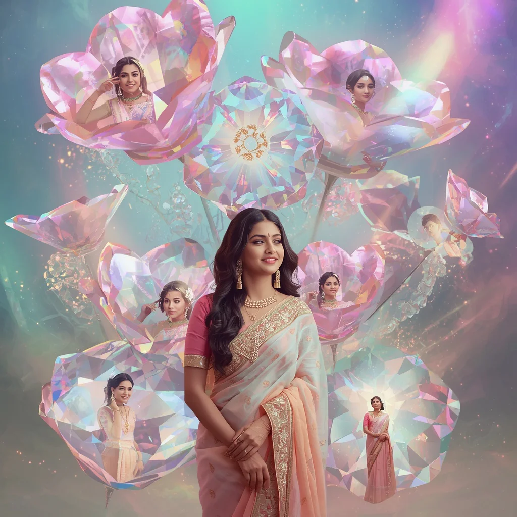 Festive Pastel Saree Aurora Diamond Bloom Collage Premium | new prompt girl - Retro Style Saree AI Image Prompts for Vintage-Inspired Girl's Fashion AI Prompt