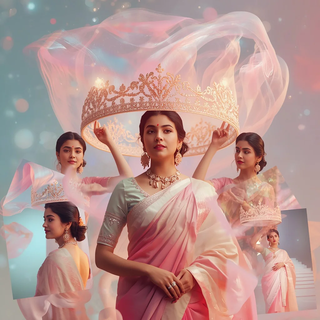 Festive Pastel Saree Aurora Light Crown Collage Cinematic | prompts for saree look - Wholesome Youngster Saree AI Prompts for Rustic Village Backgrounds AI Prompt