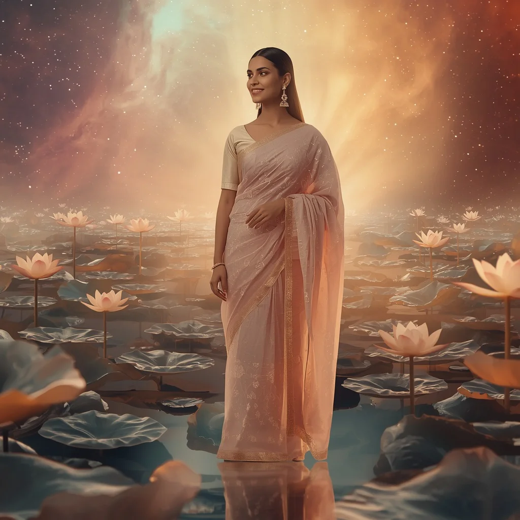 Festive Pastel Saree Blooming Crystal Lotus Infinity Garden Collage Cinematic | prompt for Gemini AI saree look couple - Top 10 Artistic Linen Saree AI Prompts for Minimalist Aesthetic Photoshoots AI Prompt