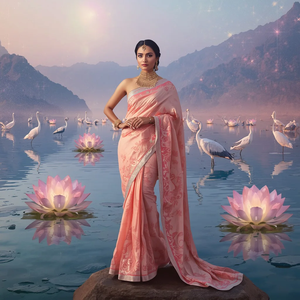 Festive Pastel Saree Celestial Crystal Heron Lake Collage Premium Editorial | traditional saree prompt for girl instagram - Traditional South Indian Saree AI Prompts for Young Girls' Cultural Attire AI Prompt