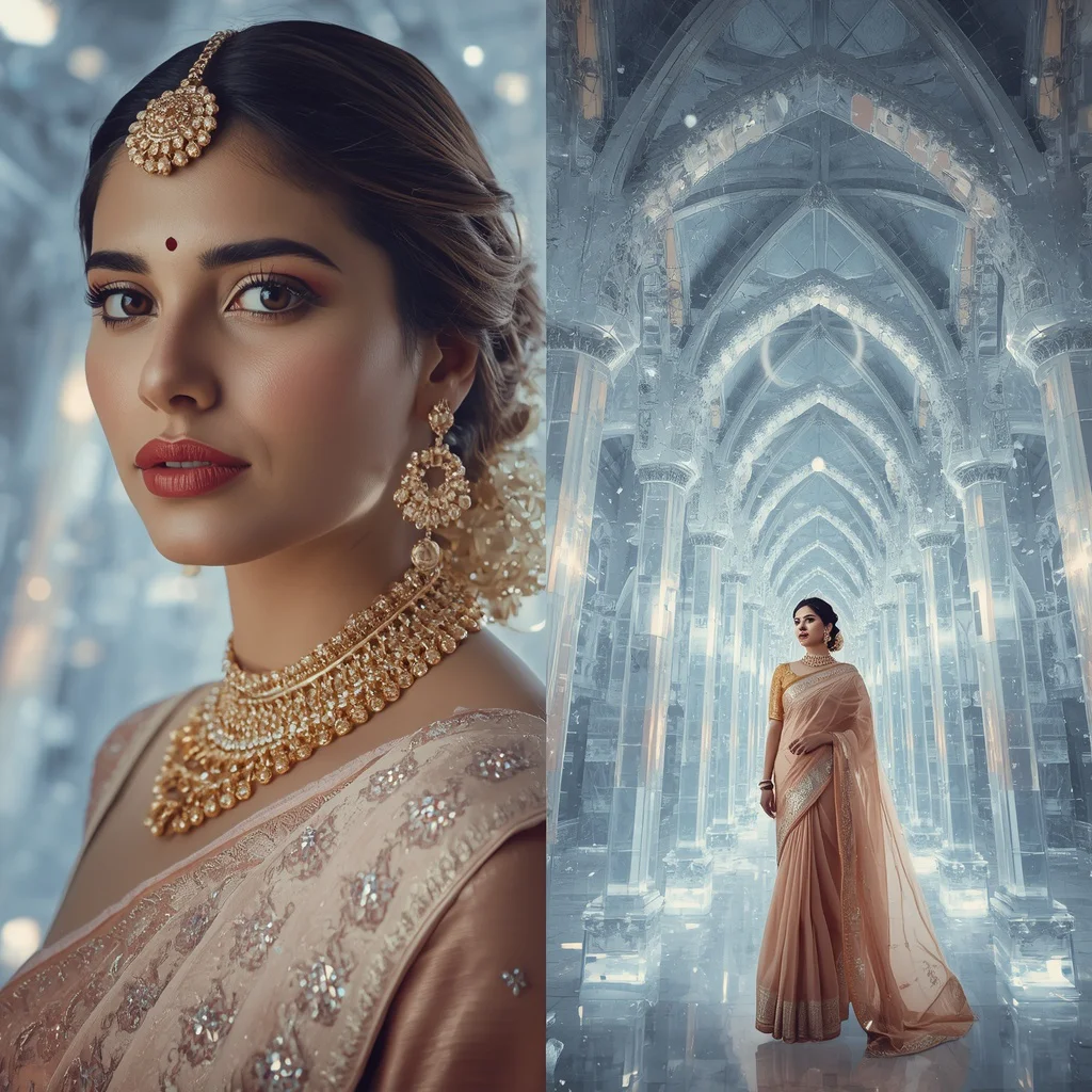 Festive Pastel Saree Celestial Diamond Cathedral Eclipse Collage | traditional saree prompt for chatgpt in english - Enchanting Girl Saree AI Image Prompts for Magical Forest Settings AI Prompt