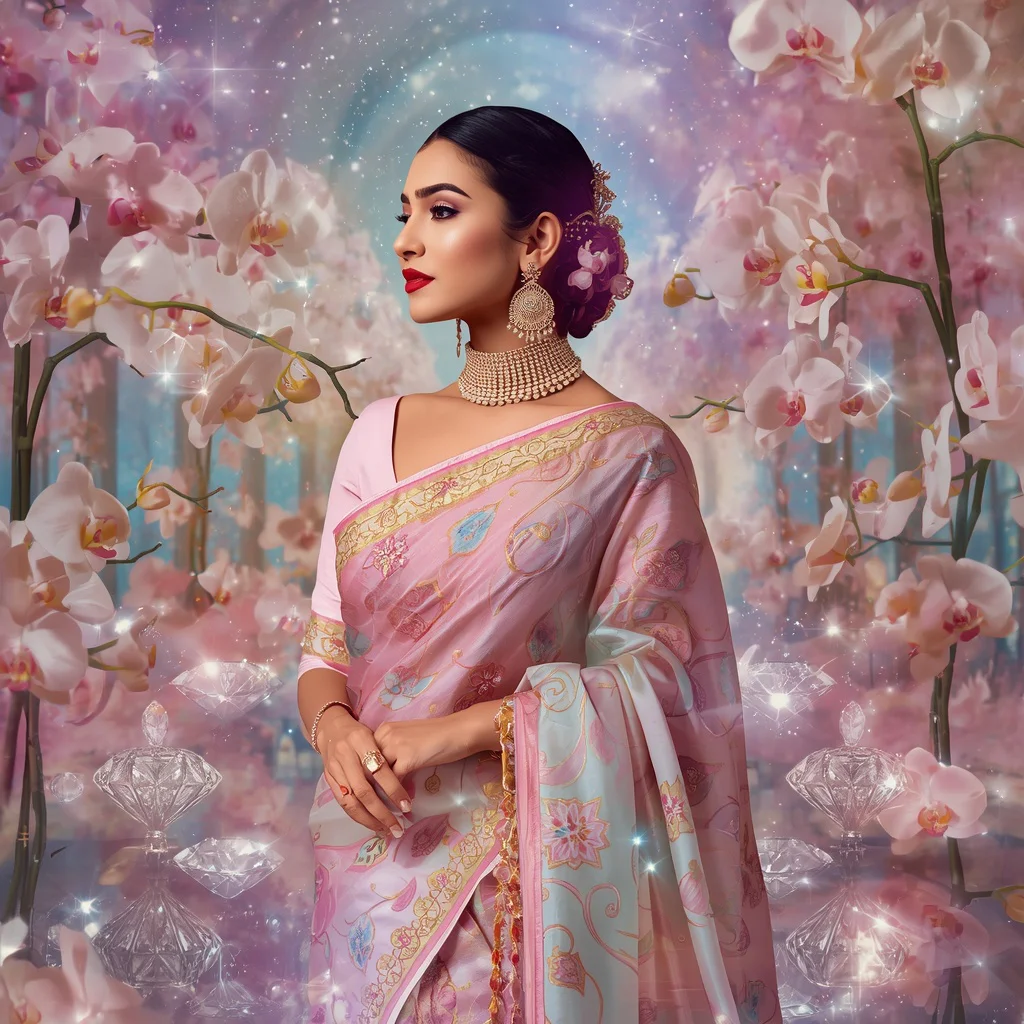 Festive Pastel Saree Celestial Diamond Orchid Palace Collage Luxury Editorial | prompt seen trending girl 2026 - Graceful Teen Saree AI Image Prompts for Elegant Outdoor Portraiture AI Prompt