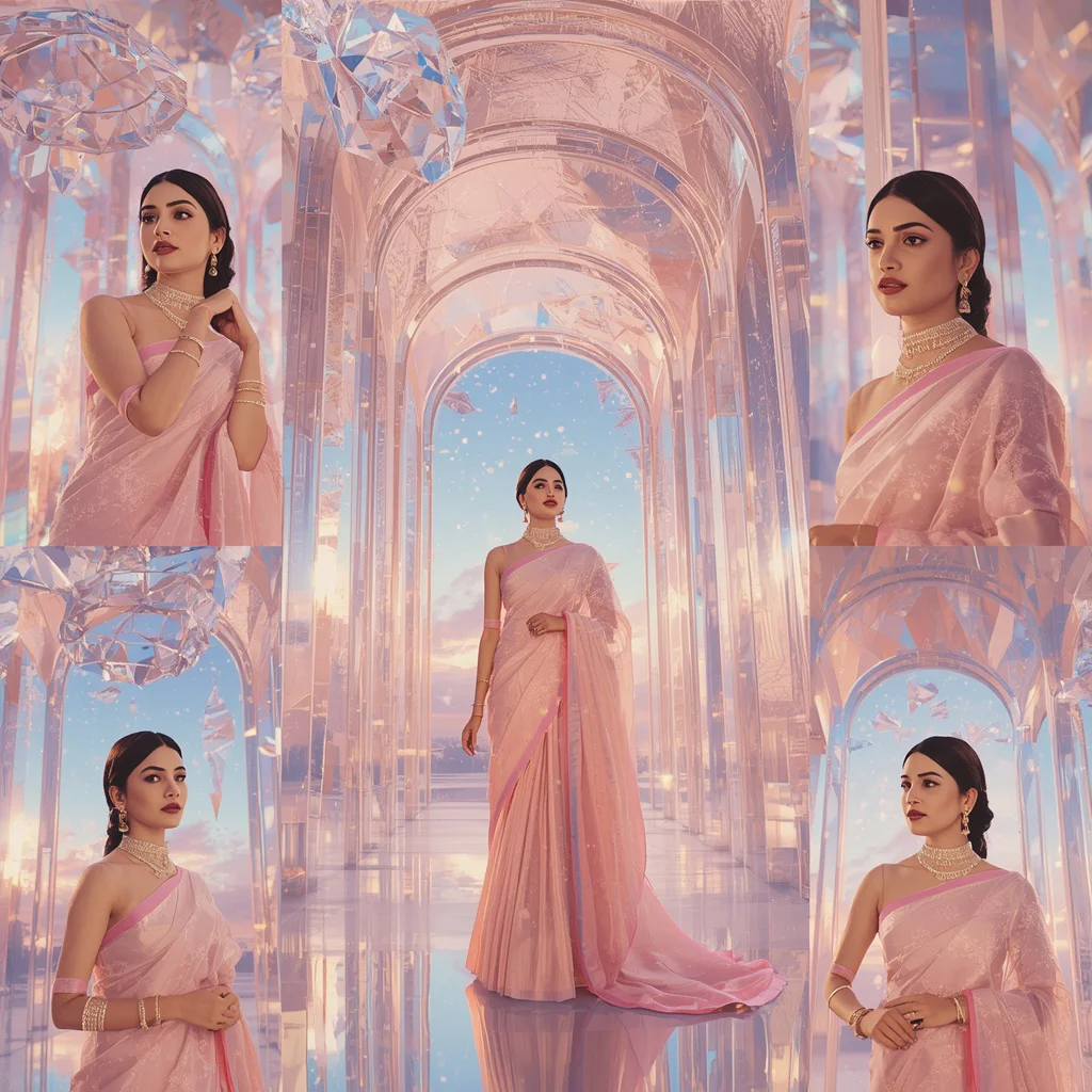 Festive Pastel Saree Celestial Prism Palace Collage Luxury | prompt for gemini ai girl in saree 2026 - Retro Style Saree AI Image Prompts for Vintage-Inspired Girl's Fashion AI Prompt
