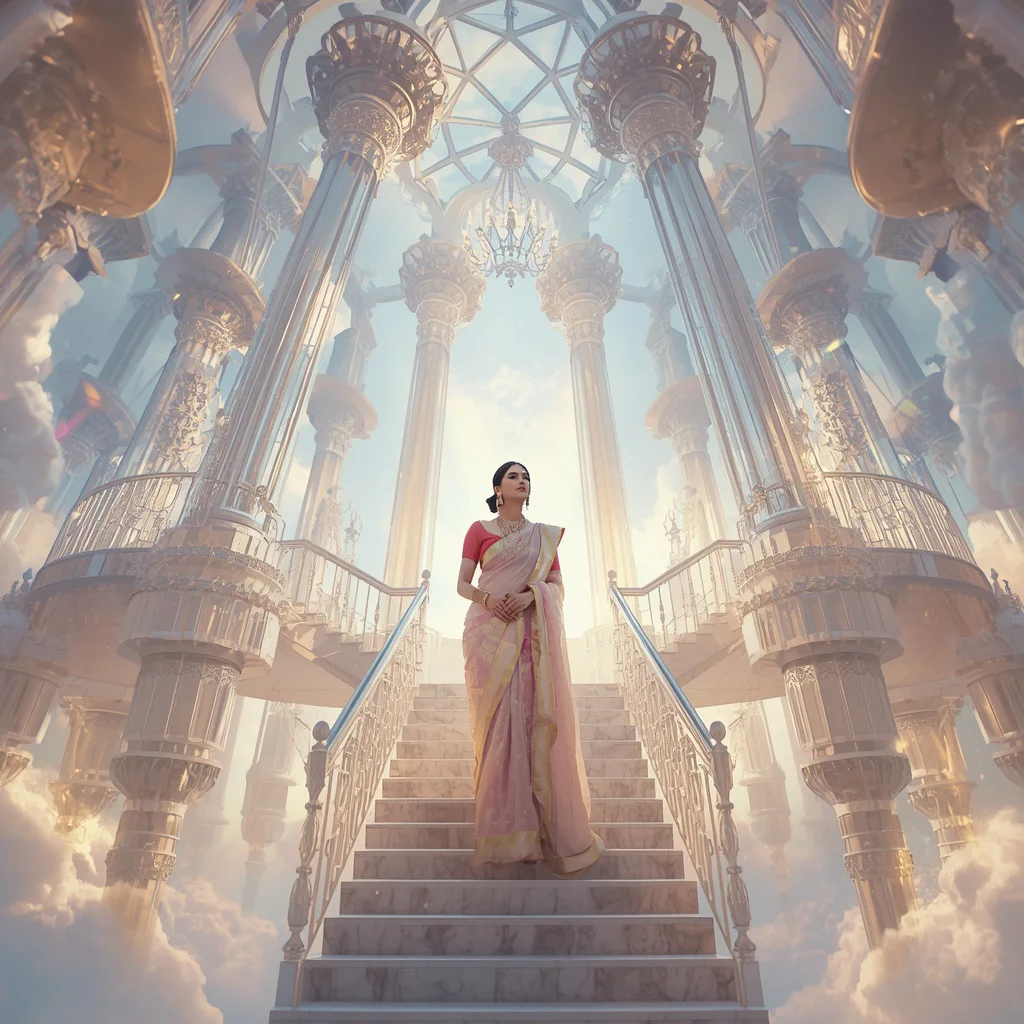 Festive Pastel Saree Celestial Prism Palace Collage Ultra Luxury Cinematic | prompt for Gemini girl in saree Instagram - New 10 Sophisticated Organza Saree AI Prompts for Formal Event Styling AI Prompt
