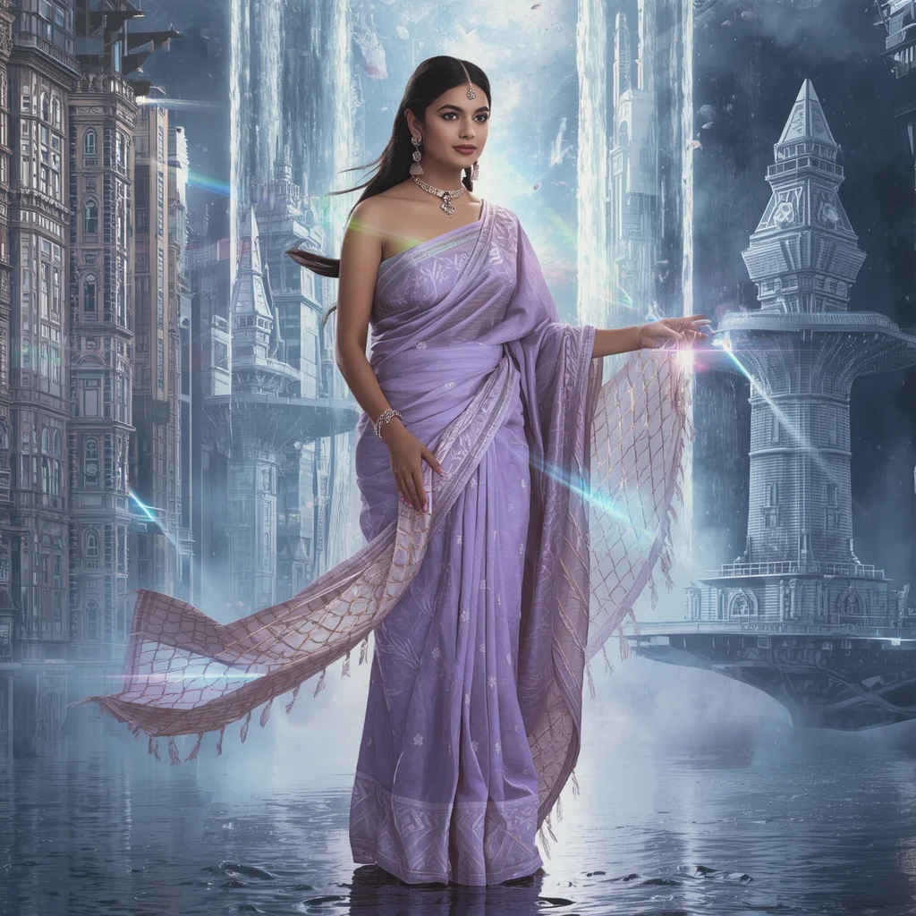 Festive Pastel Saree Celestial Prism Waterfall Megacity Collage | new instagram trend prompt for girl - Enchanting Girl Saree AI Image Prompts for Magical Forest Settings AI Prompt