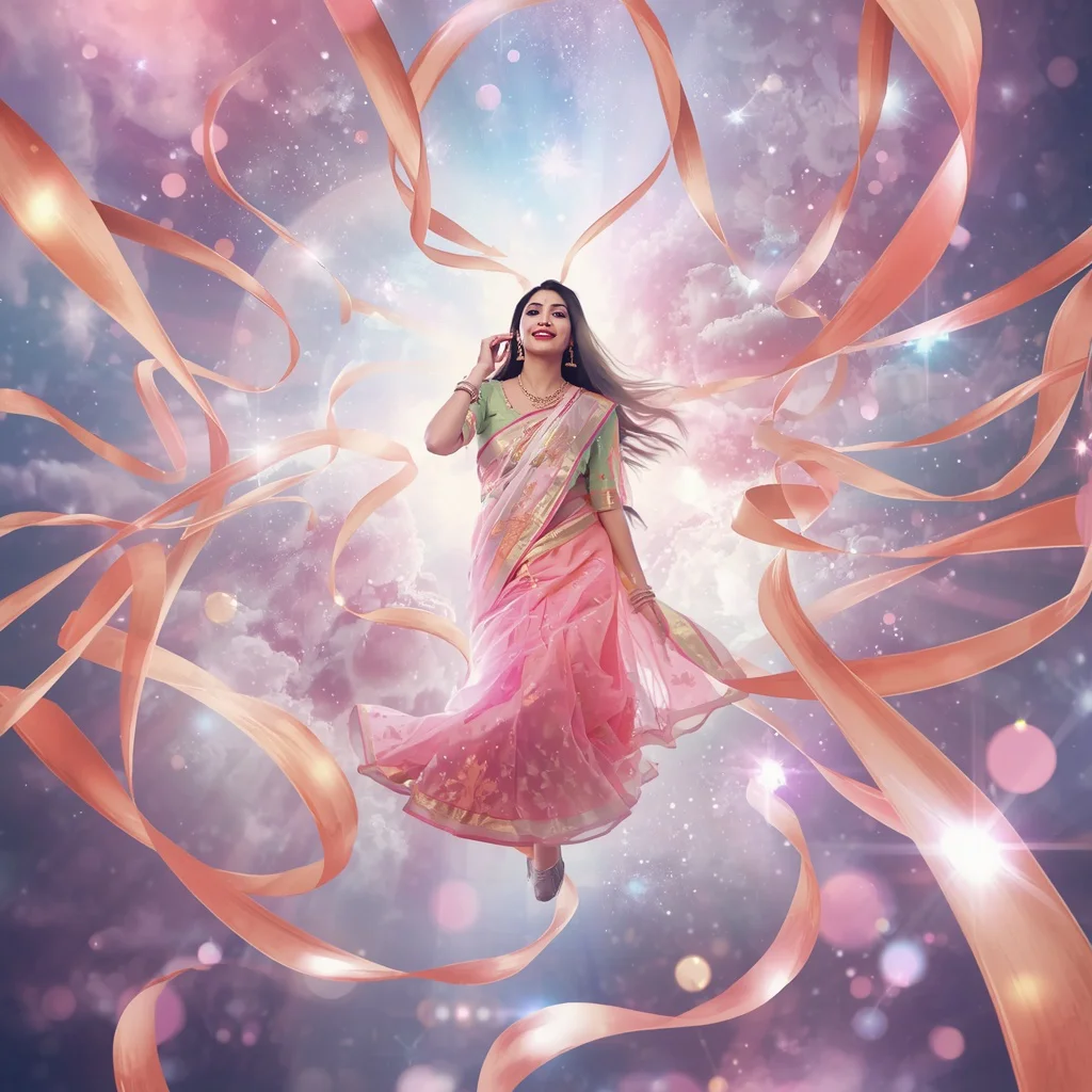 Festive Pastel Saree Celestial Ribbon Universe Collage Luxury | saree woman ai prompt - Retro Style Saree AI Image Prompts for Vintage-Inspired Girl's Fashion AI Prompt