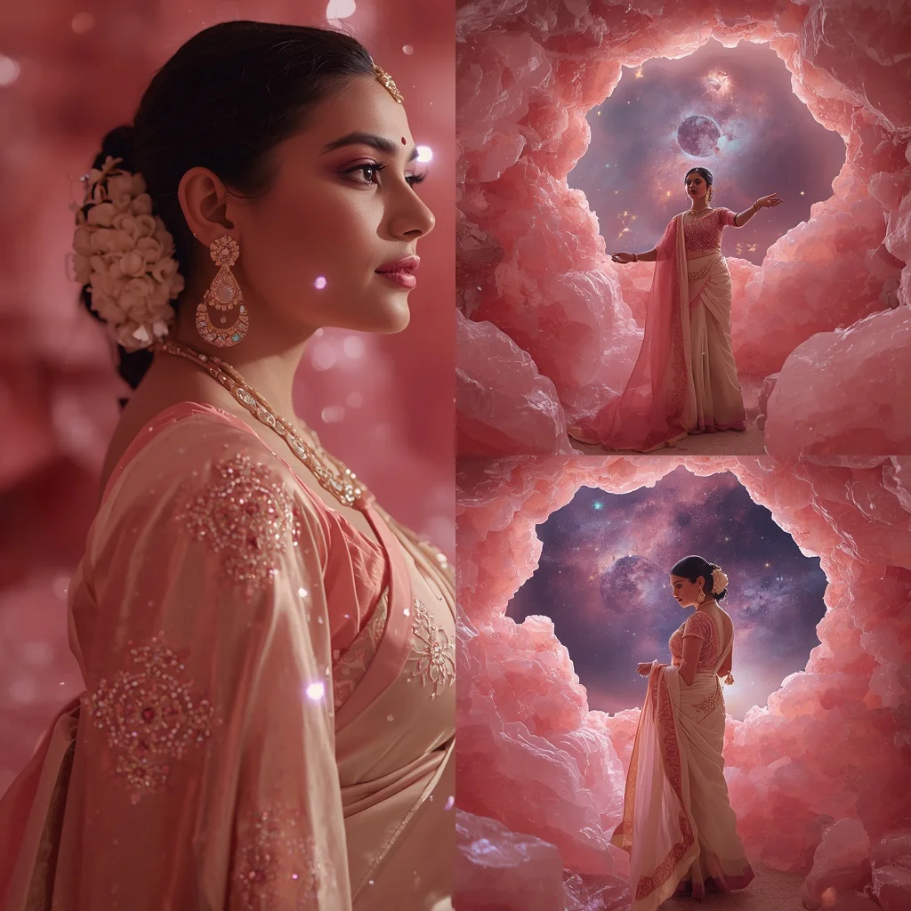 Festive Pastel Saree Celestial Rose Quartz Planetarium Collage | traditional saree prompt for girl online - Classic Purple Saree AI Prompts for Elegant Girl's Portrait Photography AI Prompt