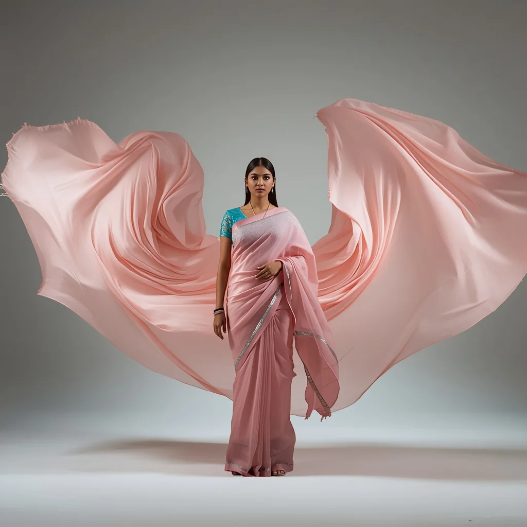 Festive Pastel Saree Controlled Fabric Wind Chamber Slow Motion Engineering Motion Capture Frame | modern saree ai prompt - Best 10 Elegant Silk Saree AI Prompts for Formal Office Wear Styling AI Prompt