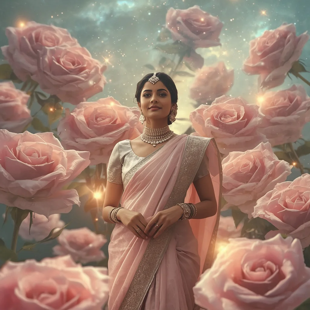 Festive Pastel Saree Cosmic Rose Universe Collage Cinematic Aesthetic | Best saree prompt for ChatGPT - Top 10 Resplendent Mysore Silk Saree AI Prompts for Karnataka Grandeur AI Prompt