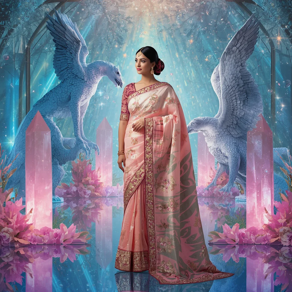 Festive Pastel Saree Crystal Aurora Griffin Sanctuary Collage Premium Masterpiece | photo prompt trending - Graceful Teen Saree AI Image Prompts for Elegant Outdoor Portraiture AI Prompt