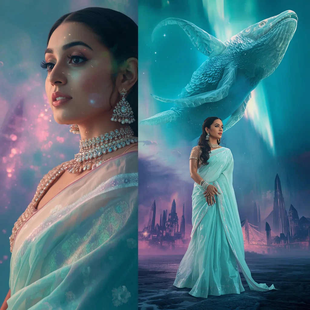 Festive Pastel Saree Crystal Aurora Leviathan Realm Collage | new prompt photo editor - Enchanting Girl Saree AI Image Prompts for Magical Forest Settings AI Prompt