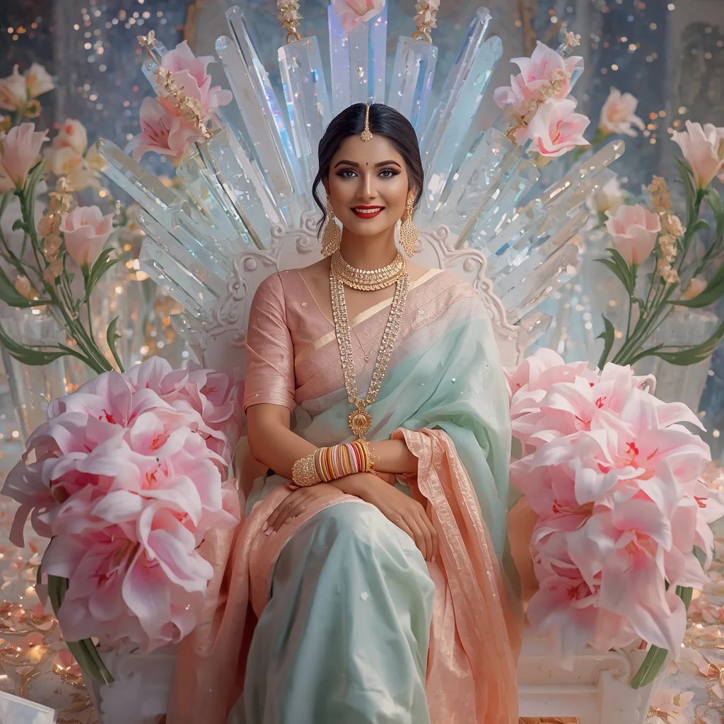 Festive Pastel Saree Crystal Aurora Lily Throne Collage Premium Couture | prompt for traditional look for girl - Festive Girl's Saree AI Prompts for Diwali Celebration Photography AI Prompt