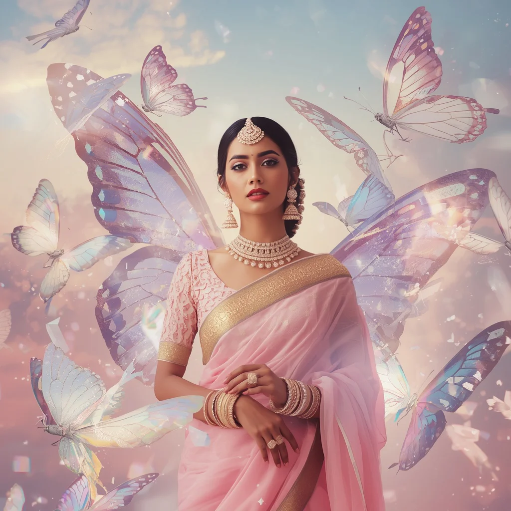 Festive Pastel Saree Crystal Butterfly Kingdom Collage Luxury Cinematic | Best prompt for saree for wedding - Top 10 Resplendent Mysore Silk Saree AI Prompts for Karnataka Grandeur AI Prompt