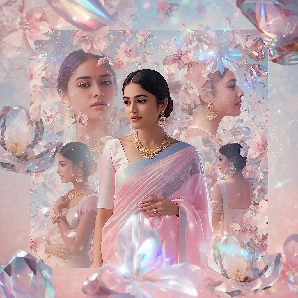 Festive Pastel Saree Crystal Galaxy Blossom Collage Luxury | saree prompt for chatgpt in english - Retro Style Saree AI Image Prompts for Vintage-Inspired Girl's Fashion AI Prompt