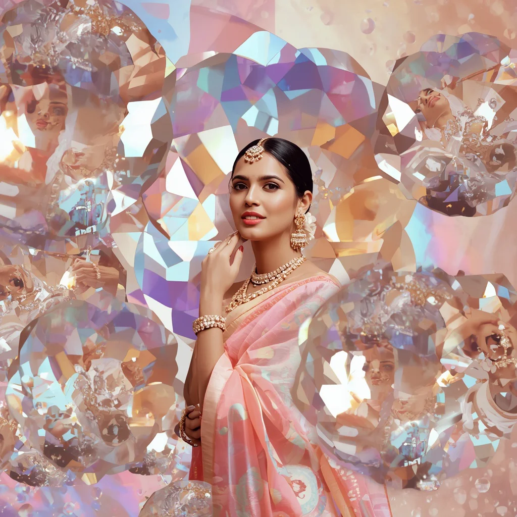 Festive Pastel Saree Crystal Reflection Bloom Collage Premium | traditional saree prompt for chatgpt in english - Wholesome Youngster Saree AI Prompts for Rustic Village Backgrounds AI Prompt