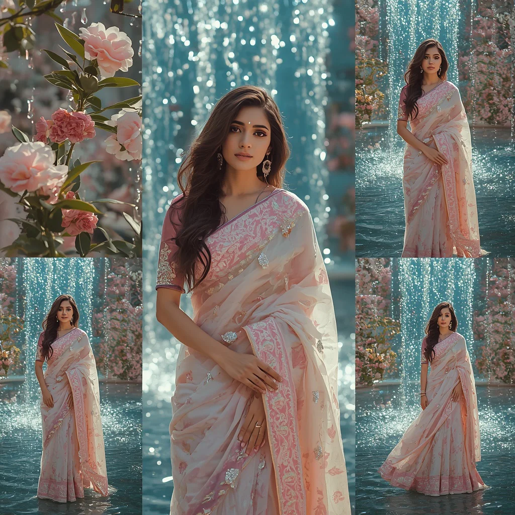 Festive Pastel Saree Diamond Camellia Water Palace Collage Luxury Editorial | new ai prompt girl download - Festive Girl's Saree AI Prompts for Diwali Celebration Photography AI Prompt