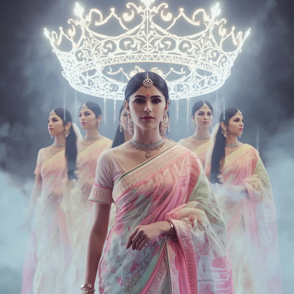 Festive Pastel Saree Digital Light Crown Collage Modern Cinematic | chatgpt photo editing prompts trending instagram for girl - Top 10 Resplendent Mysore Silk Saree AI Prompts for Karnataka Grandeur AI Prompt