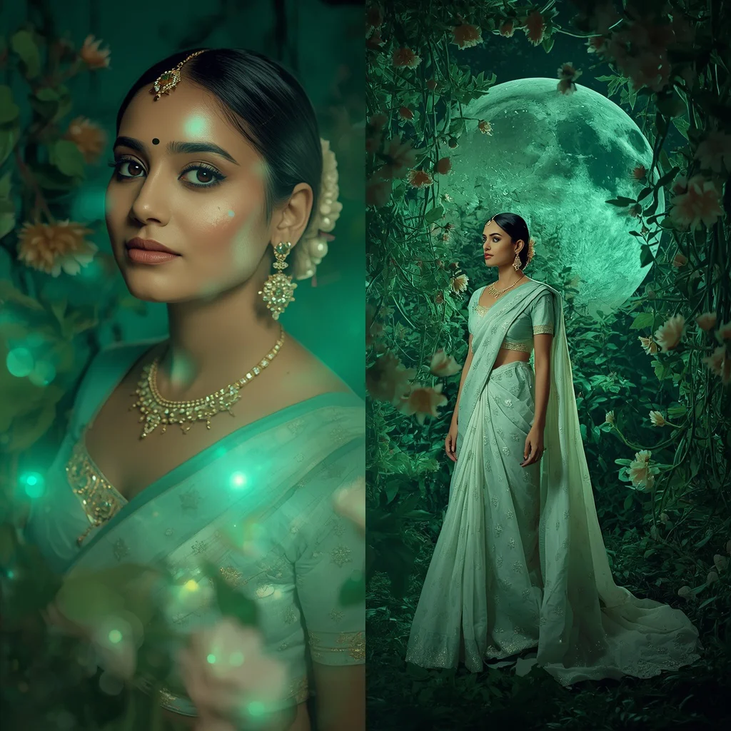 Festive Pastel Saree Emerald Moon Bloom Cosmos Collage | prompt for traditional look for couple - Enchanting Girl Saree AI Image Prompts for Magical Forest Settings AI Prompt