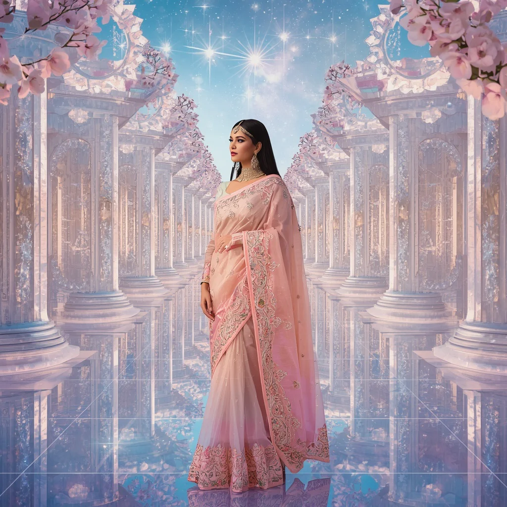 Festive Pastel Saree Eternal Aurora Diamond Kingdom Collage Cinematic Luxury | ai new prompt free download - Festive Girl's Saree AI Prompts for Diwali Celebration Photography AI Prompt