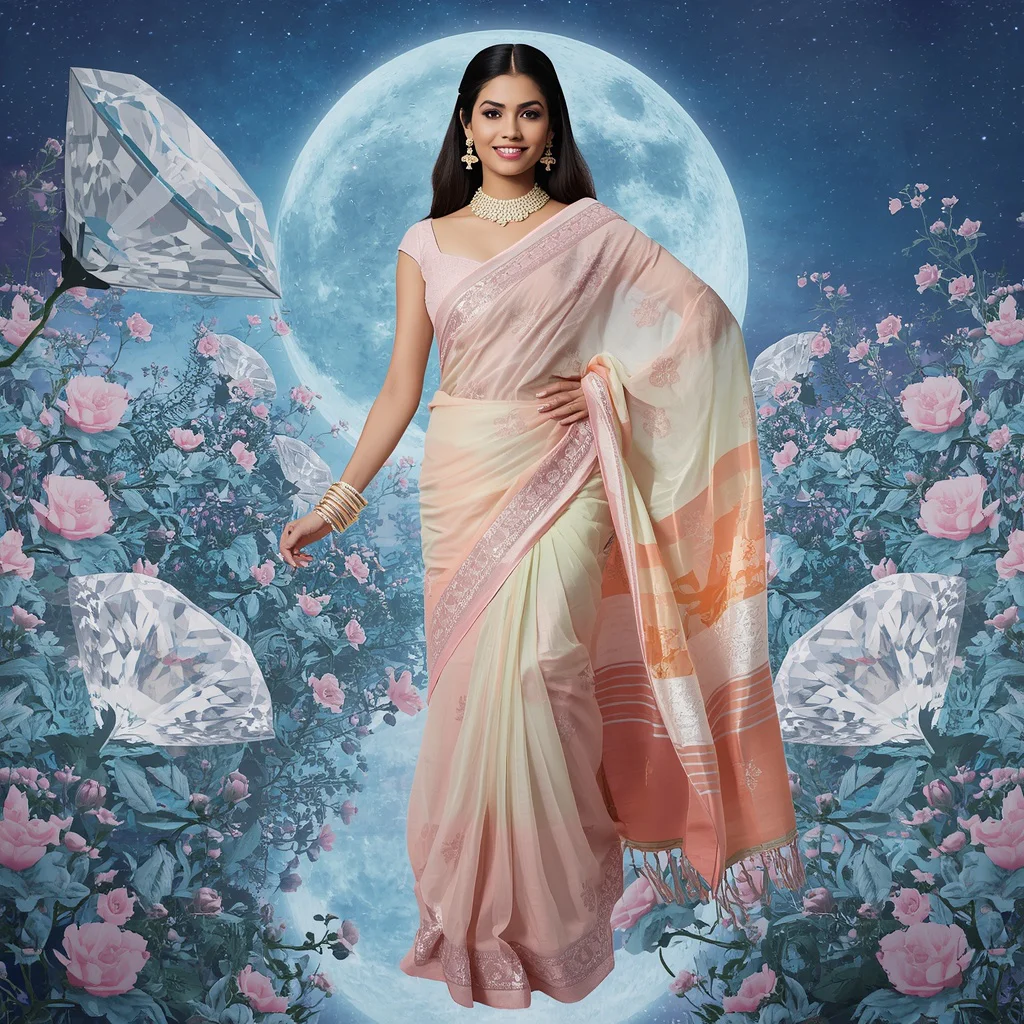 Festive Pastel Saree Eternal Diamond Moonlight Garden Collage Cinematic Luxury | prompt for girls college - Graceful Teen Saree AI Image Prompts for Elegant Outdoor Portraiture AI Prompt