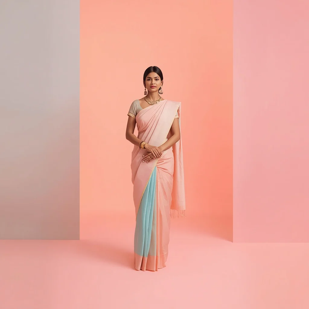 Festive Pastel Saree Extreme Minimal Flat Tone Gradient Studio Poster Style Luxury Brand Frame | prompt for gemini ai girl style trending indian - Best 10 Elegant Silk Saree AI Prompts for Formal Office Wear Styling AI Prompt