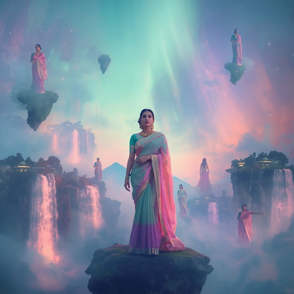 Festive Pastel Saree Floating Aurora Islands Collage Dream Cinematic | modern saree ai prompt - Top 10 Resplendent Mysore Silk Saree AI Prompts for Karnataka Grandeur AI Prompt