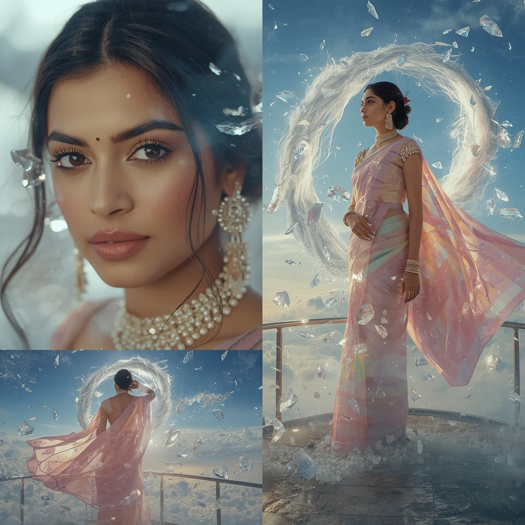 Festive Pastel Saree Floating Crystal Storm Observatory Collage | prompt seen trending girl instagram in saree - Classic Purple Saree AI Prompts for Elegant Girl's Portrait Photography AI Prompt