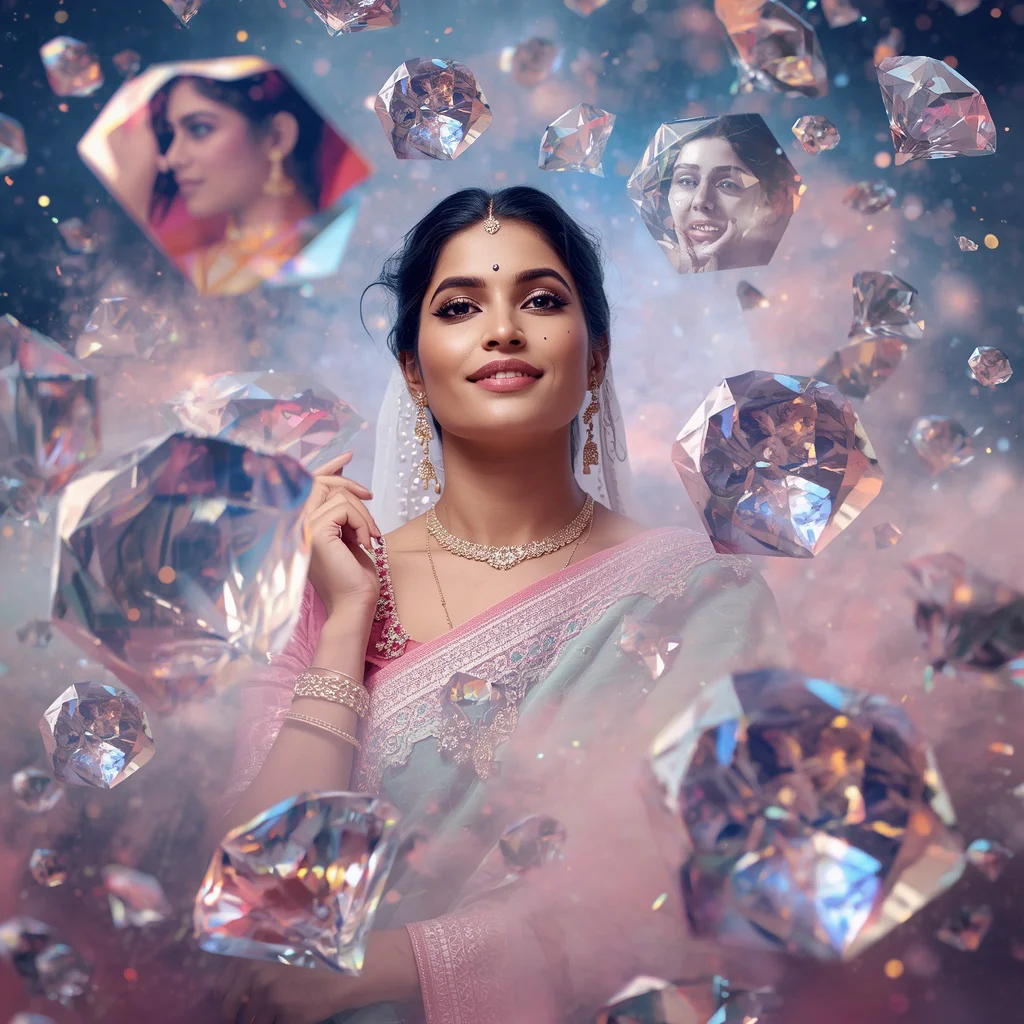 Festive Pastel Saree Floating Diamond Nebula Collage Luxury | instagram trending saree prompt - Wholesome Youngster Saree AI Prompts for Rustic Village Backgrounds AI Prompt