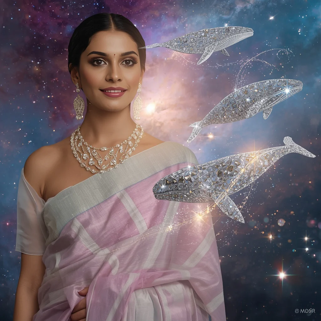Festive Pastel Saree Floating Diamond Whale Nebula Collage | prompt seen trending girl instagram in saree - Graceful Teen Saree AI Image Prompts for Elegant Outdoor Portraiture AI Prompt