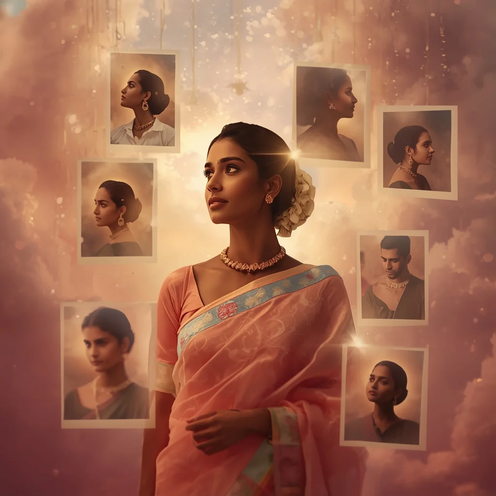 Festive Pastel Saree Floating Memory Frames Collage Premium Cinematic | traditional prompt for gemini ai girl - Top 10 Resplendent Mysore Silk Saree AI Prompts for Karnataka Grandeur AI Prompt