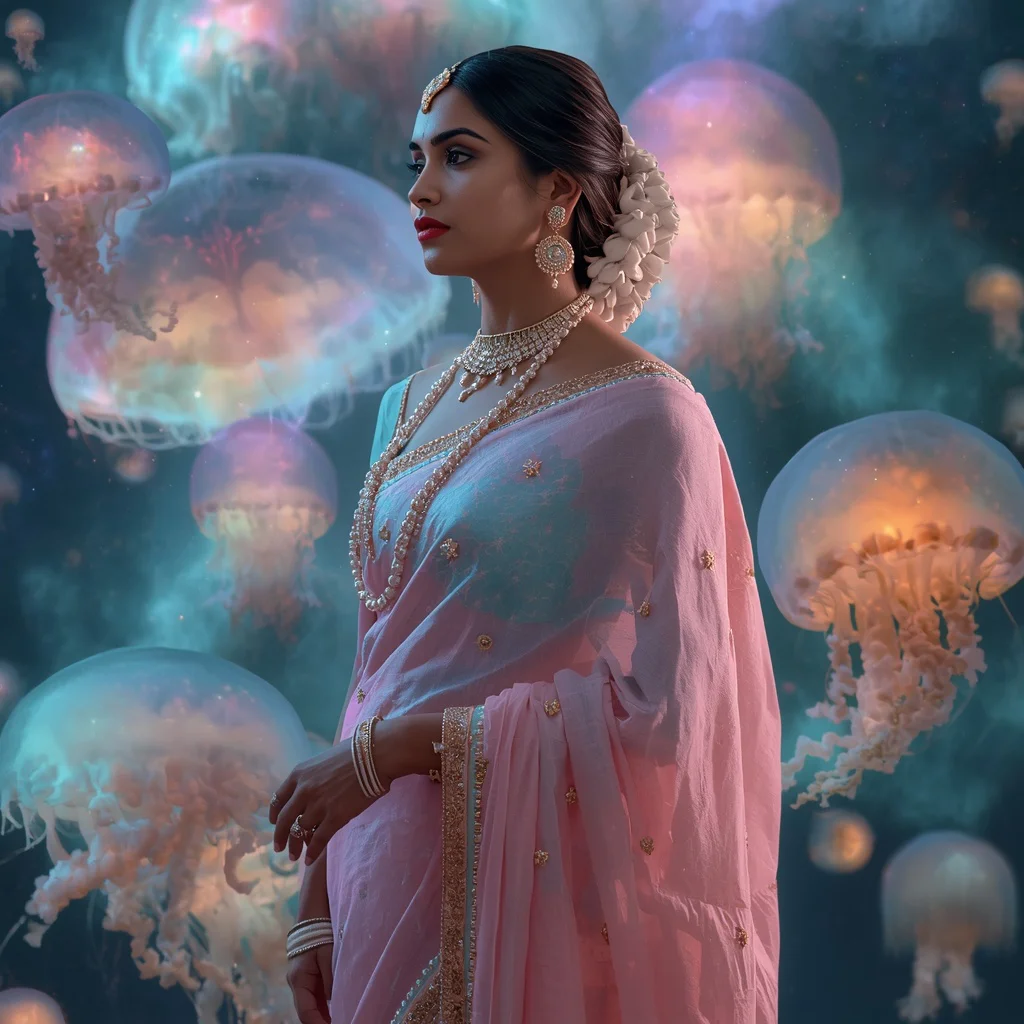 Festive Pastel Saree Floating Nebula Jellyfish Empire Collage | traditional saree prompt - Enchanting Girl Saree AI Image Prompts for Magical Forest Settings AI Prompt