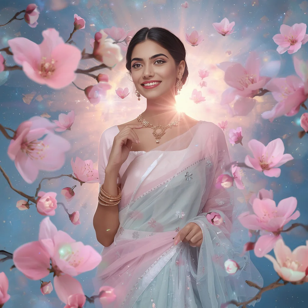 Festive Pastel Saree Floating Opal Cherry Blossom Universe Collage Luxury Fashion | prompt saree for girl - Graceful Teen Saree AI Image Prompts for Elegant Outdoor Portraiture AI Prompt