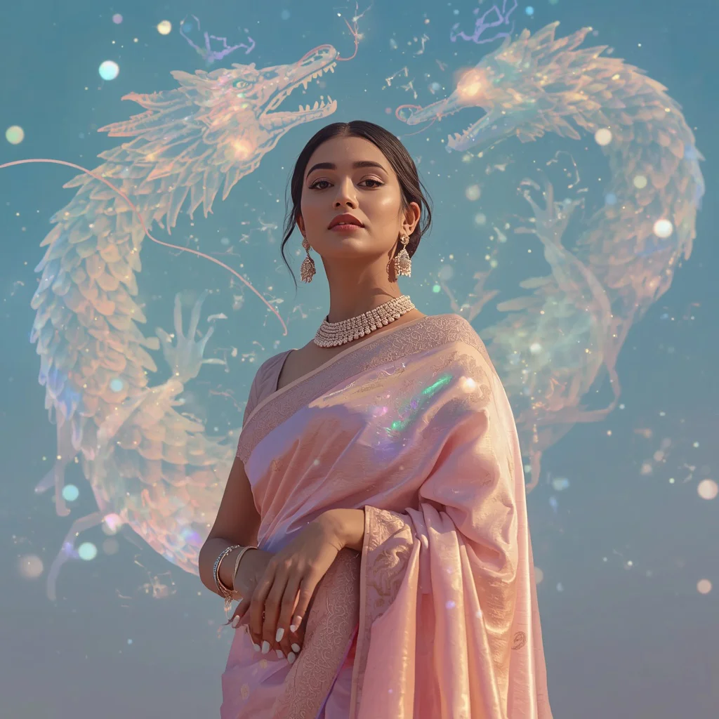 Festive Pastel Saree Floating Opaline Dragon Constellations Collage | trending photo prompt - Enchanting Girl Saree AI Image Prompts for Magical Forest Settings AI Prompt