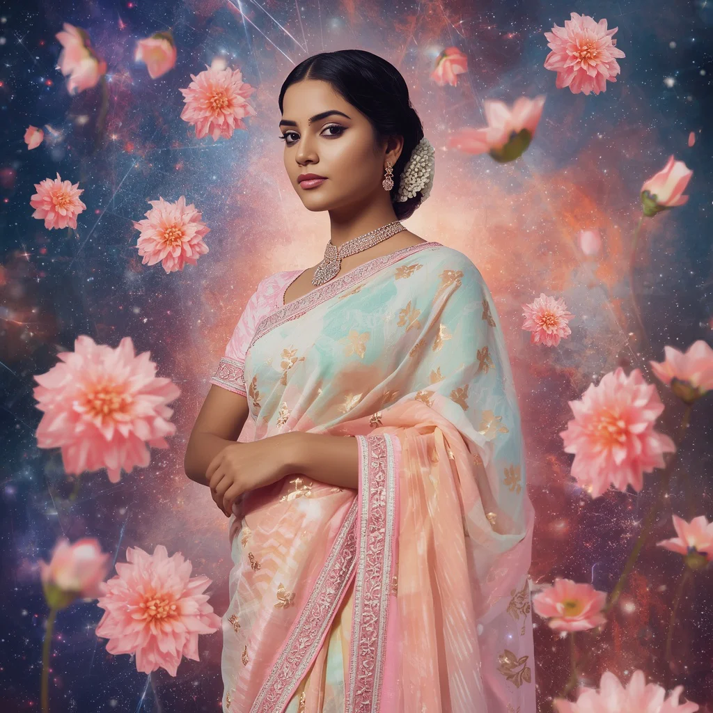 Festive Pastel Saree Floating Pearl Dahlia Galaxy Collage Luxury Masterpiece | gemini traditional saree prompt pdf download - Graceful Teen Saree AI Image Prompts for Elegant Outdoor Portraiture AI Prompt