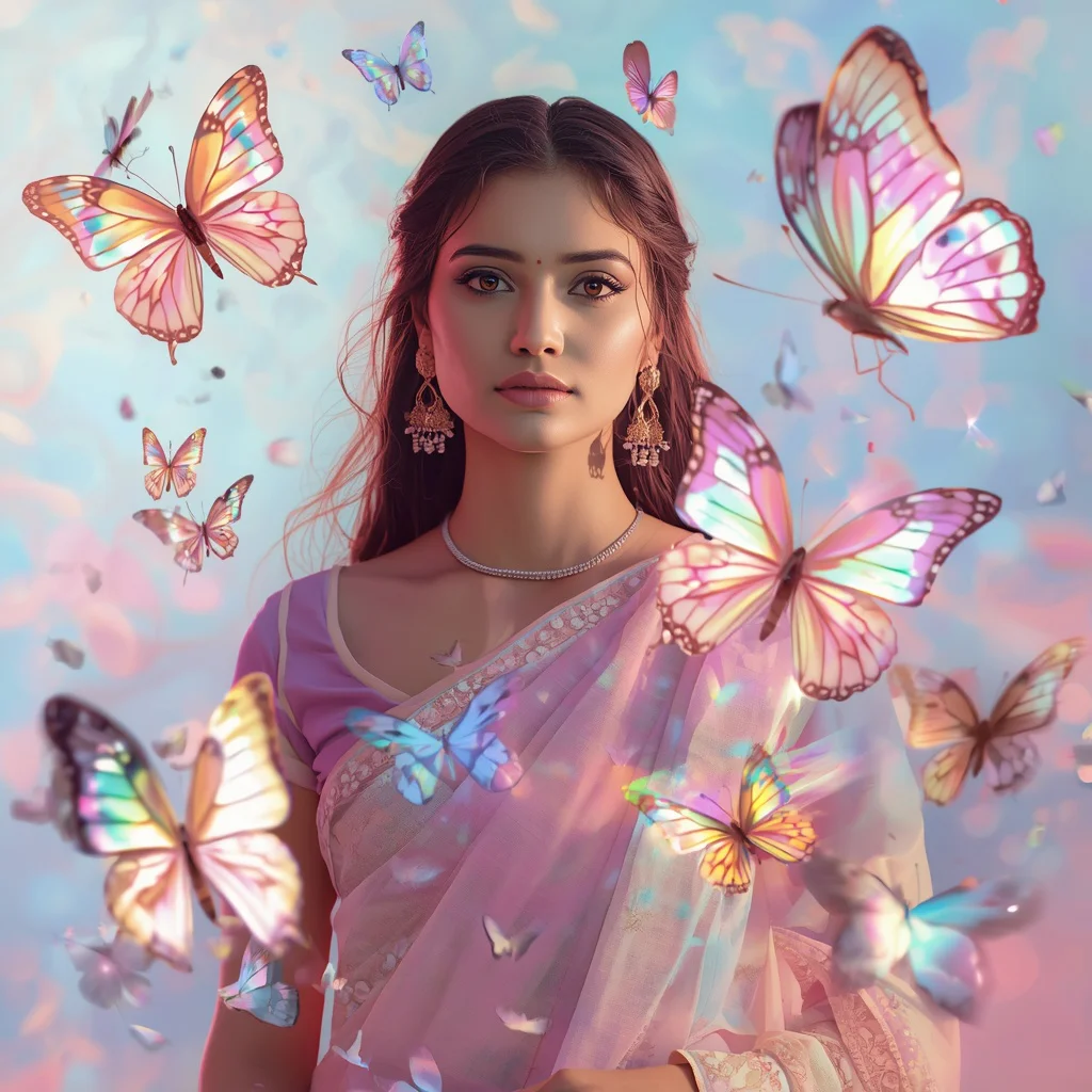 Festive Pastel Saree Floating Prism Butterfly Collage Premium | saree whatsapp dp ai prompt - Festive Girl's Saree AI Prompts for Diwali Celebration Photography AI Prompt