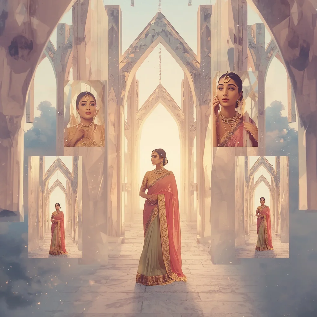 Festive Pastel Saree Floating Prism Cathedral Collage Premium | prompt for ai image generator for social media - Retro Style Saree AI Image Prompts for Vintage-Inspired Girl's Fashion AI Prompt